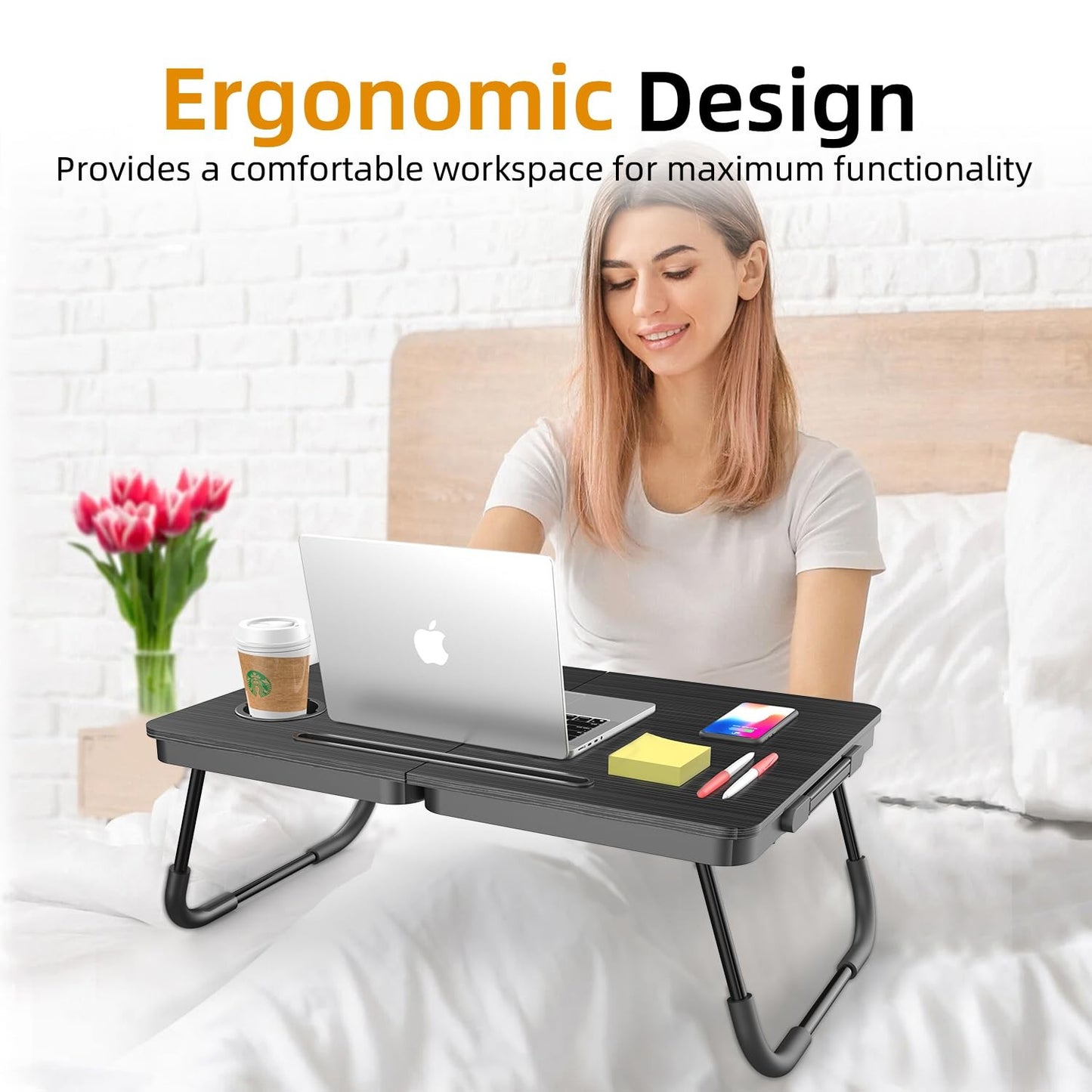 Portable Foldable Laptop Desk for Bed and Couch Adjustable with Cup Holder
