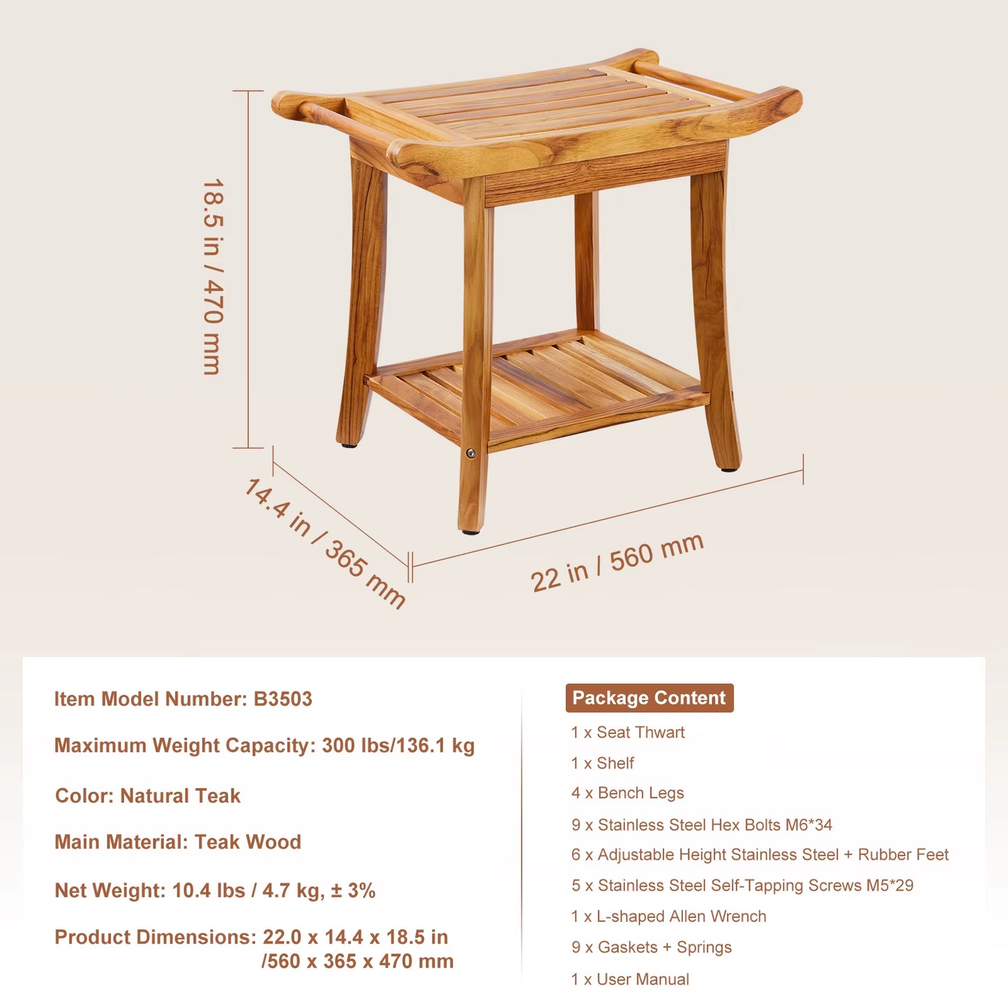 Bamboo Shower Bench 19.1X11.3X18.3 in Waterproof Shower Stool Chair with Storage Shelf 330Lbs Load Capacity Spa Seat