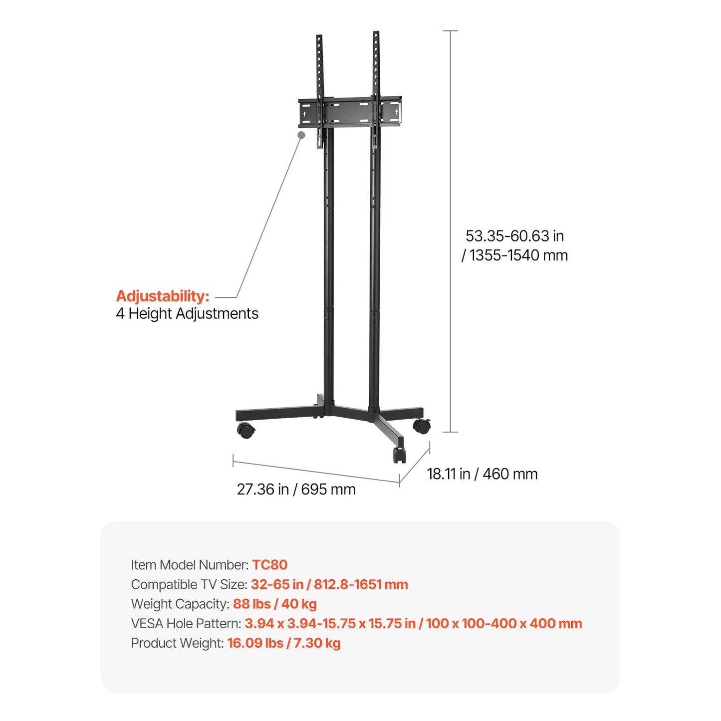 Rolling TV Stand Mobile TV Cart Suit for Various Sizes TV Portable TV Stand with Wheels for Living Room Bedroom Office
