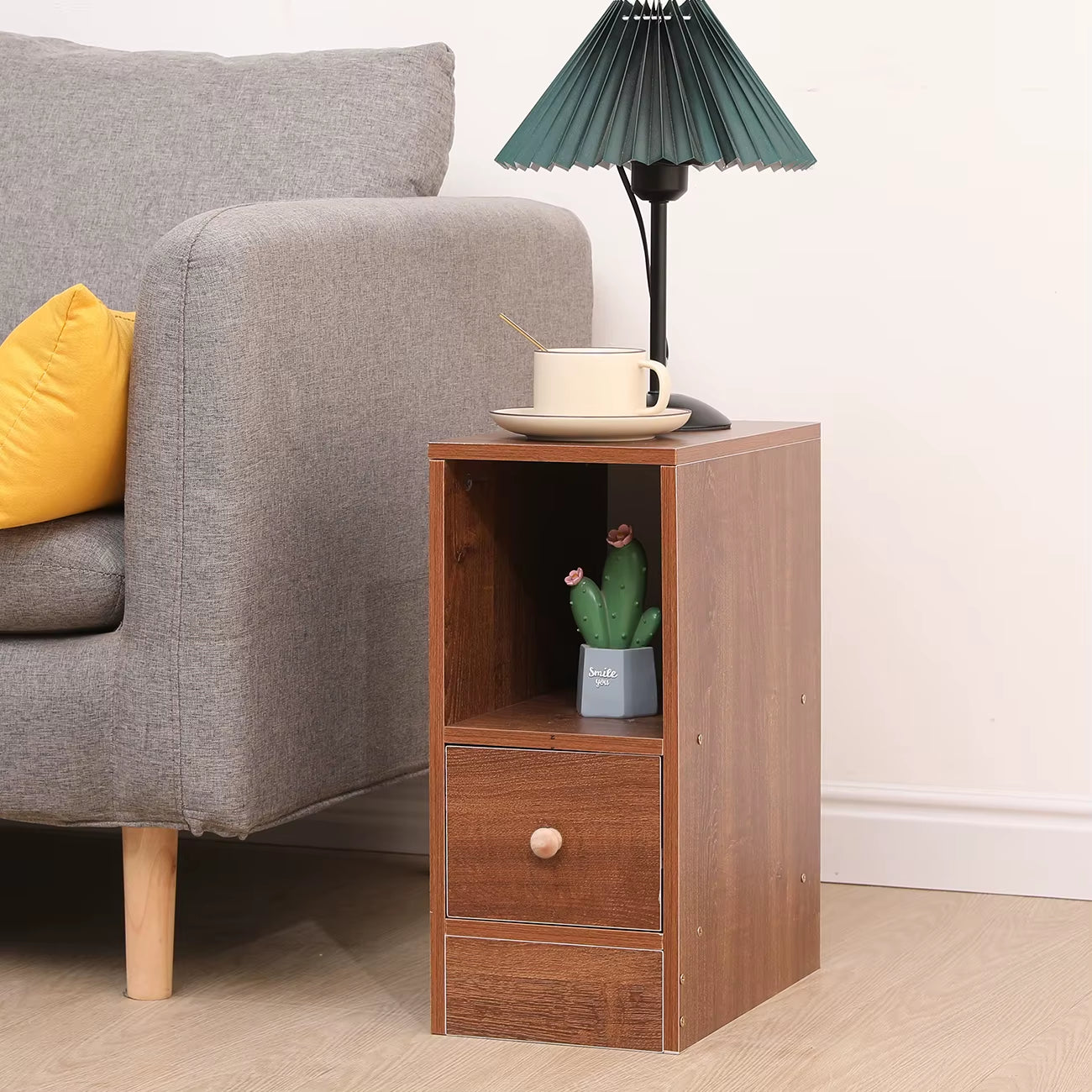 Slim Tall Bedside Table Cabinet with Drawer & Storage Space for Bedroom, Narrow Sofa Side Table End Table