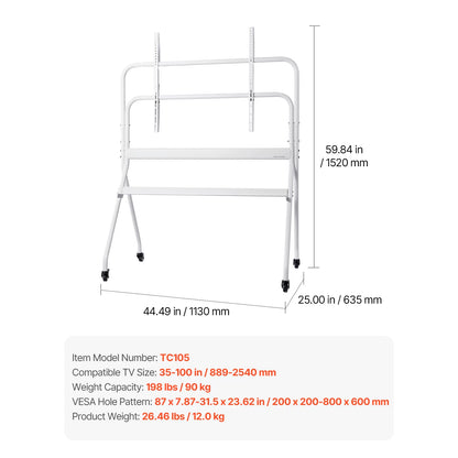 Rolling TV Stand Mobile TV Cart Suit for Various Sizes TV Portable TV Stand with Wheels for Living Room Bedroom Office