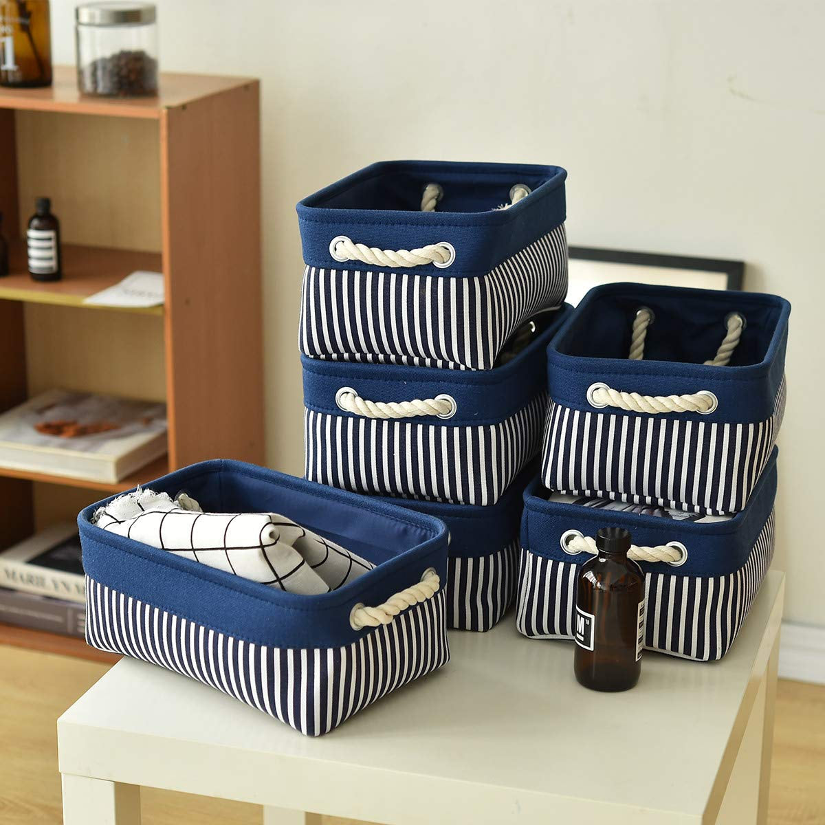 Canvas Storage Baskets [6-Pack] Small Fabric Storage Bins Toy Storage Baskets Empty Gift Baskets Shelf Baskets Decorative Basket with Rope Handles for Home Office(Navy Blue, 12 X 8 X 5 Inch)