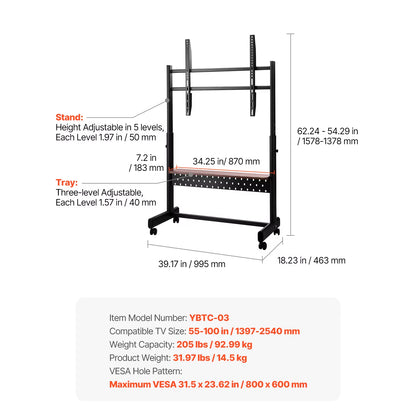 Rolling TV Stand Mobile TV Cart Suit for Various Sizes TV Portable TV Stand with Wheels for Living Room Bedroom Office