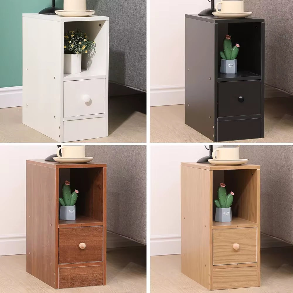 Slim Tall Bedside Table Cabinet with Drawer & Storage Space for Bedroom, Narrow Sofa Side Table End Table