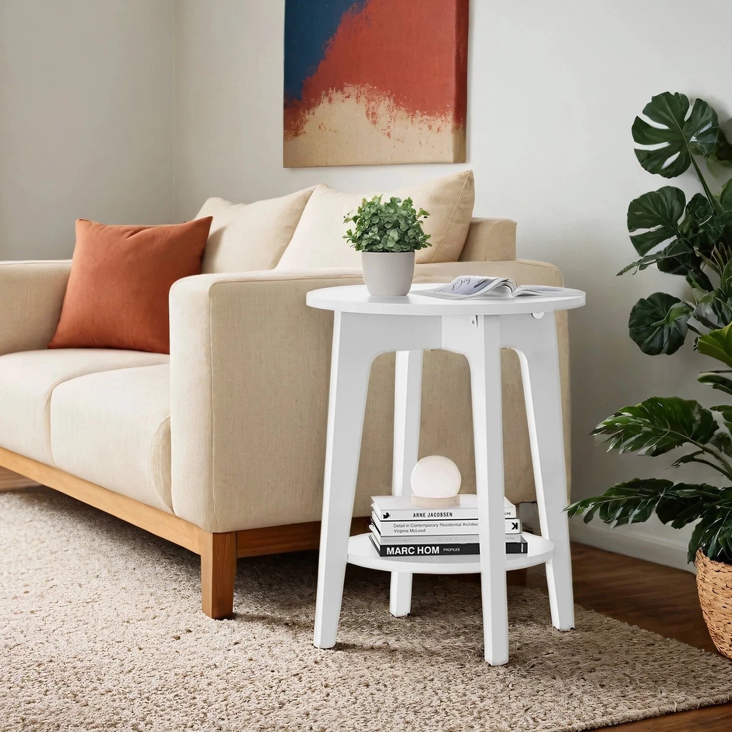 round Modern End Table, 2-Tier Side Table for Living Room, Bedroom, Nightstand, White