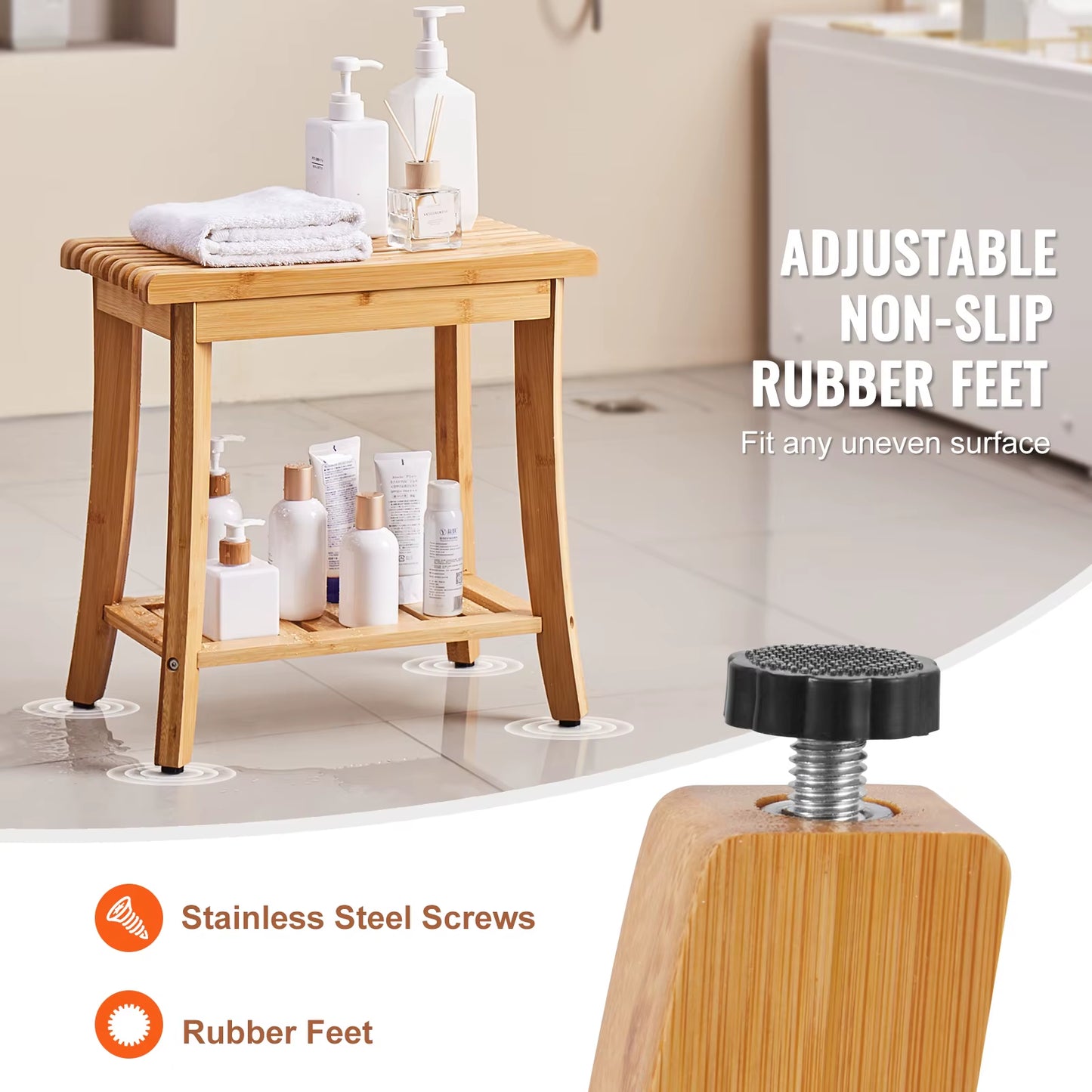 Bamboo Shower Bench 19.1X11.3X18.3 in Waterproof Shower Stool Chair with Storage Shelf 330Lbs Load Capacity Spa Seat
