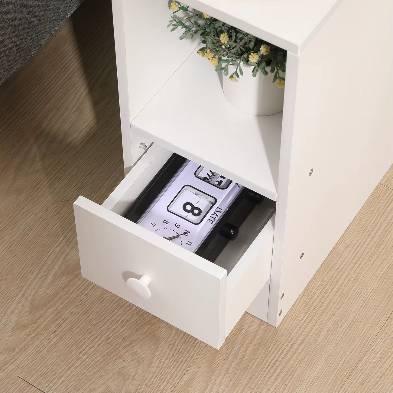 Slim Tall Bedside Table Cabinet with Drawer & Storage Space for Bedroom, Narrow Sofa Side Table End Table