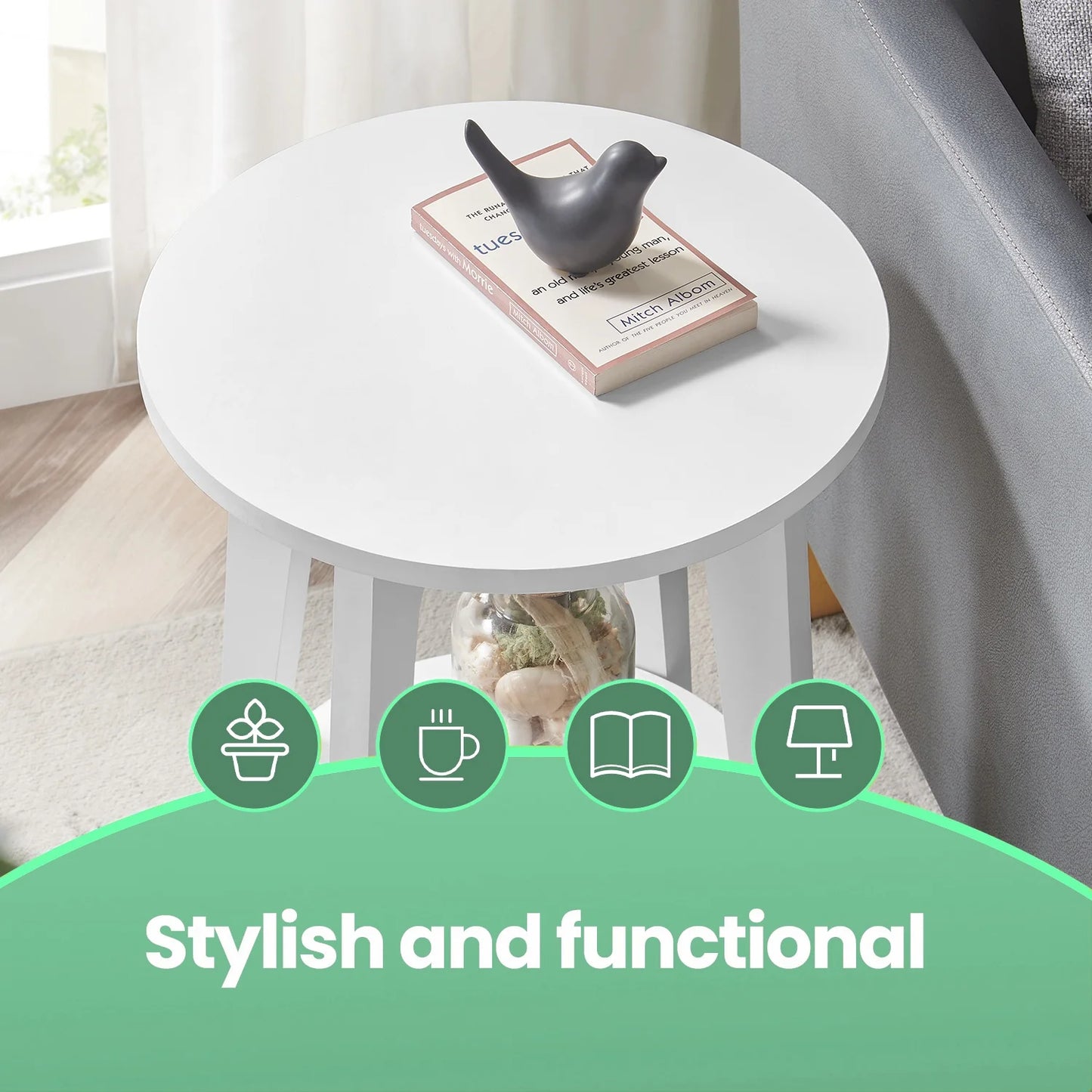 round Modern End Table, 2-Tier Side Table for Living Room, Bedroom, Nightstand, White