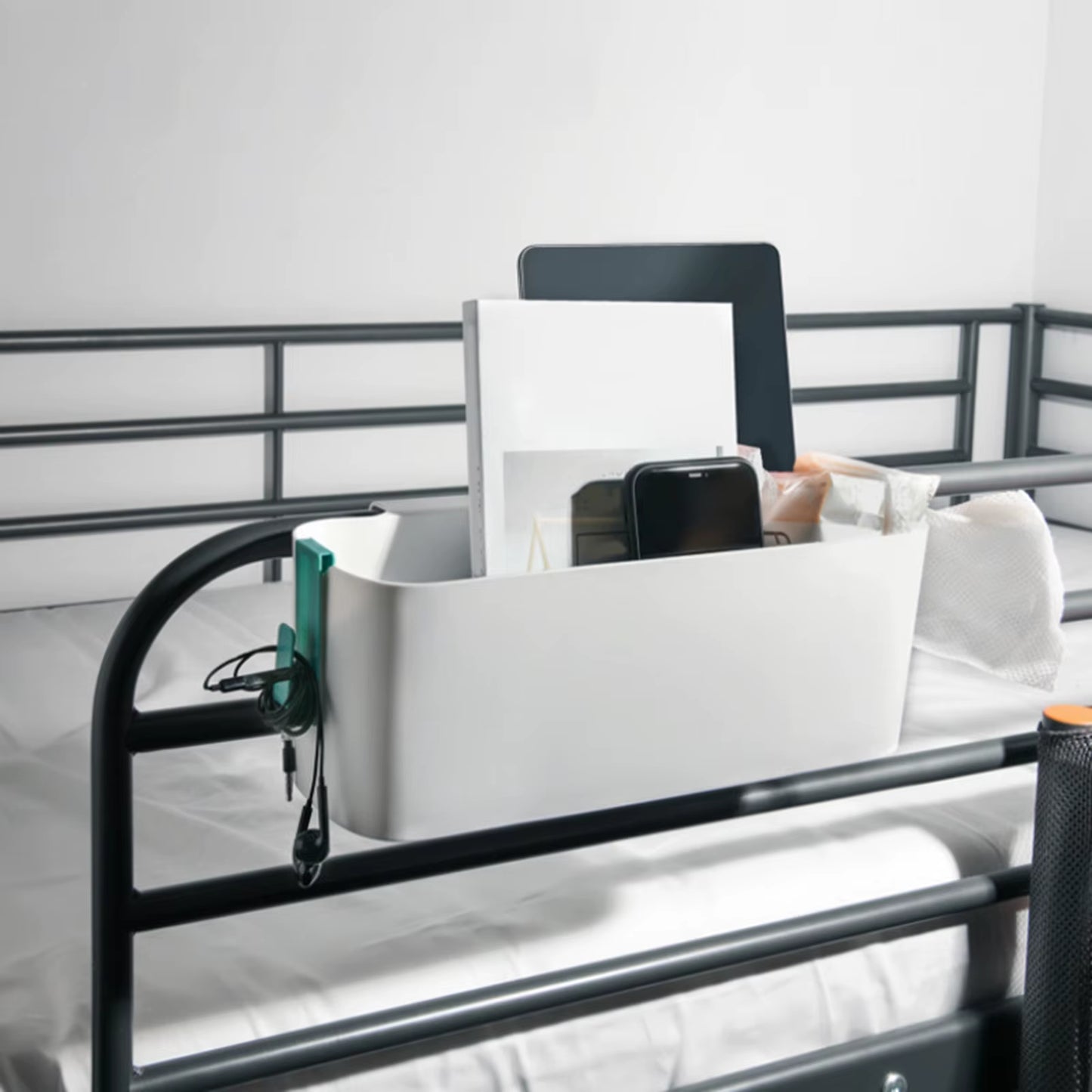 Bedside Storage Caddy Magazine Holder with Double Hook Bed Hanging Bag Organizer Box for Phone Crib Bed Rail Headboards Book