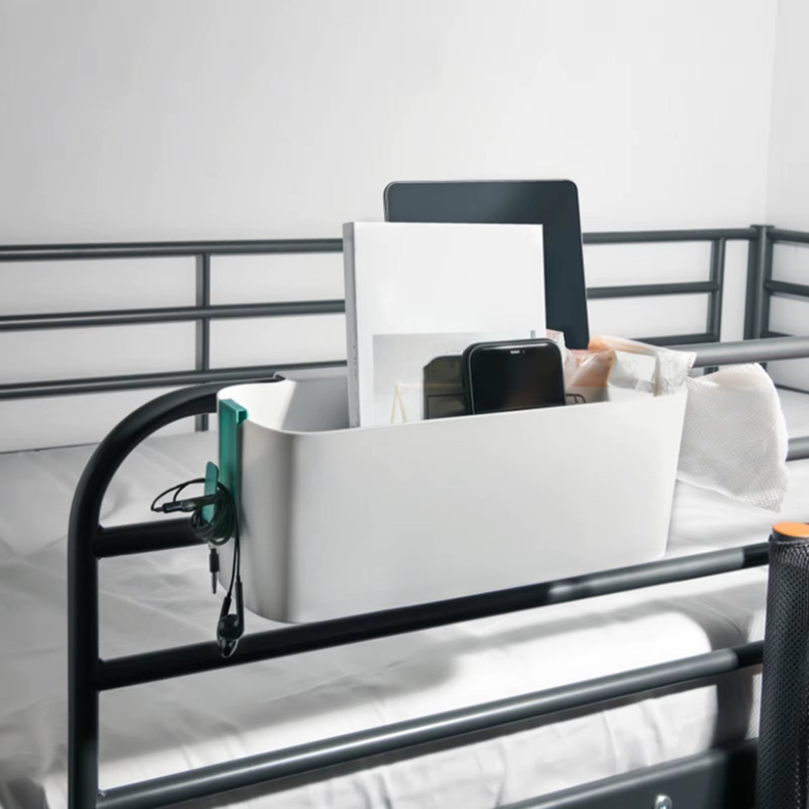 Bedside Storage Caddy Magazine Holder with Double Hook Bed Hanging Bag Organizer Box for Phone Crib Bed Rail Headboards Book