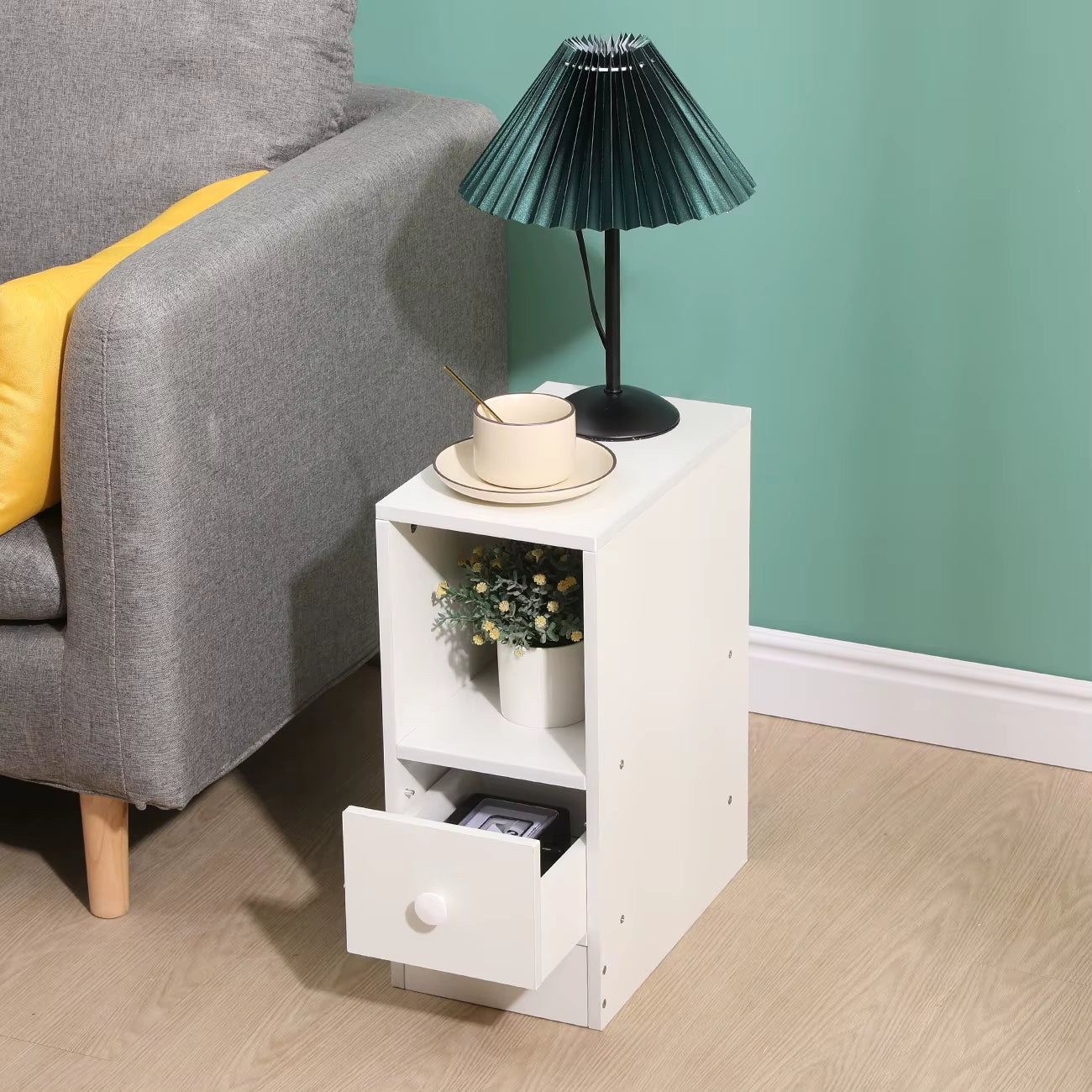 Slim Tall Bedside Table Cabinet with Drawer & Storage Space for Bedroom, Narrow Sofa Side Table End Table