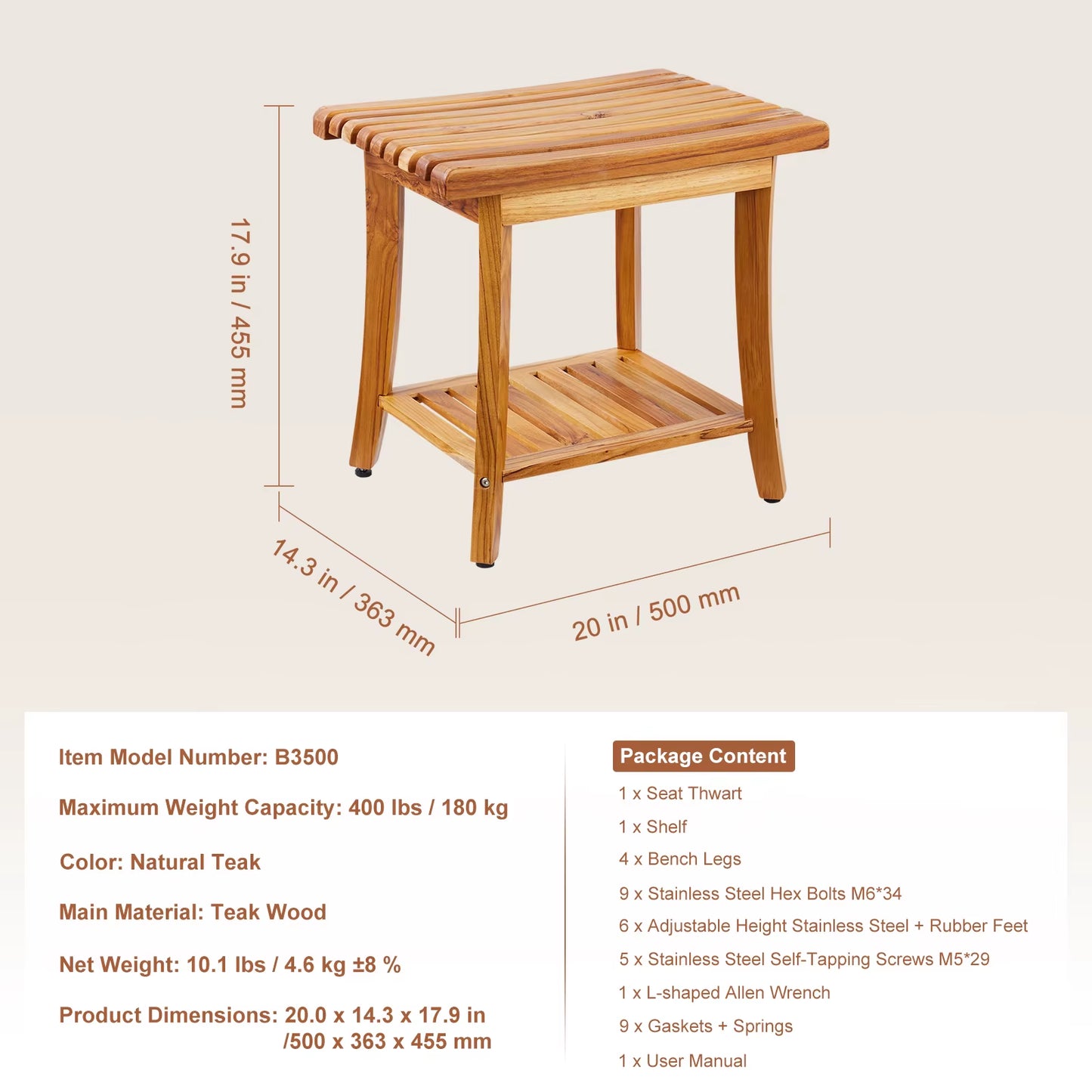 Bamboo Shower Bench 19.1X11.3X18.3 in Waterproof Shower Stool Chair with Storage Shelf 330Lbs Load Capacity Spa Seat