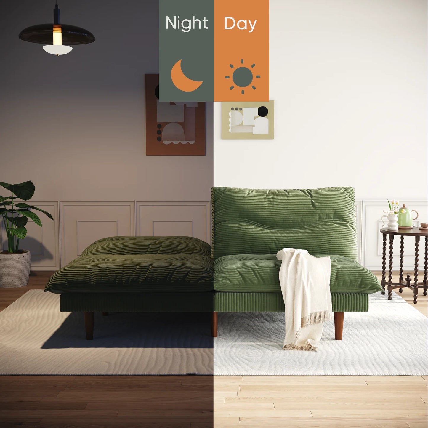 71" Corduroy Futon Convertible Sofa Bed, Loveseat Sleeper Sofa Couch for Living Room Apartment Green