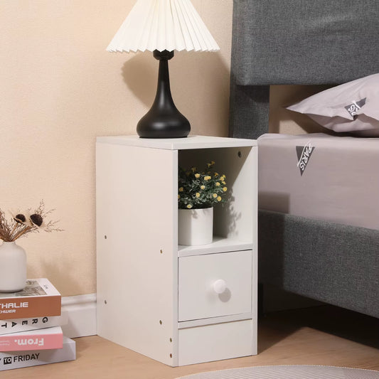 Slim Tall Bedside Table Cabinet with Drawer & Storage Space for Bedroom, Narrow Sofa Side Table End Table