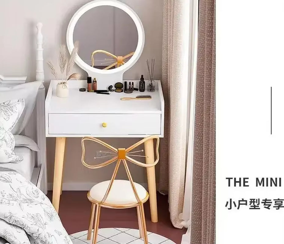 50/60/70Cm Vanity Desk with Touch Screen Lighted Mirror with Drawer Makeup Vanity Table Set Bedroom Dressing Table Storage Shelf