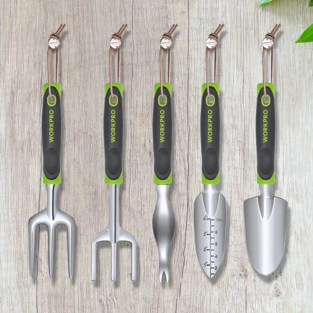 Garden Tool Set, 5 Pieces Gardening Work Gifts, Cast Aluminum Outdoor Hand Tools Kit for Men and Women, Including Trowel Transplanter Weeder Hand Fork Cultivator