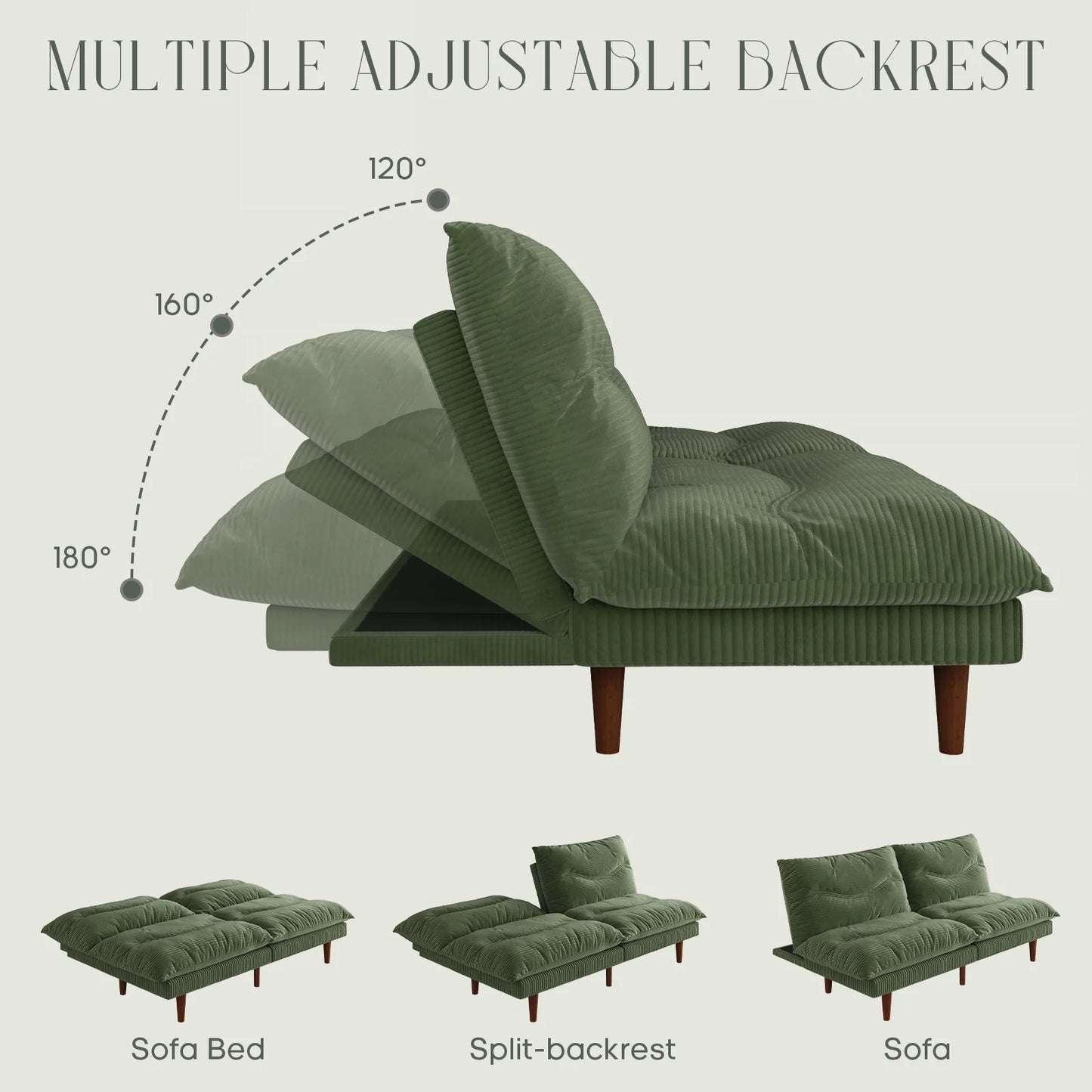 71" Corduroy Futon Convertible Sofa Bed, Loveseat Sleeper Sofa Couch for Living Room Apartment Green
