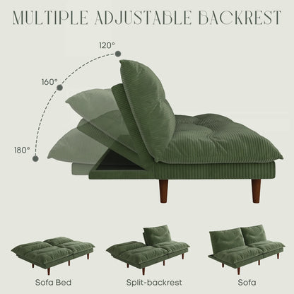 71" Corduroy Futon Convertible Sofa Bed, Loveseat Sleeper Sofa Couch for Living Room Apartment Green