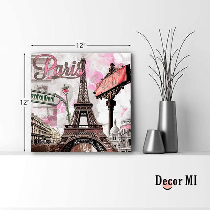 Canvas Wall Art Painting Romantic Pink Paris Eiffel Tower Square Wall Art 12X12 Inch Printed Canvas Wall Paris Theme Decors for Girls Bedroom Kids Living Room Bathroom Kitchen