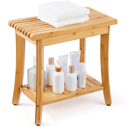 Bamboo Shower Bench 19.1X11.3X18.3 in Waterproof Shower Stool Chair with Storage Shelf 330Lbs Load Capacity Spa Seat