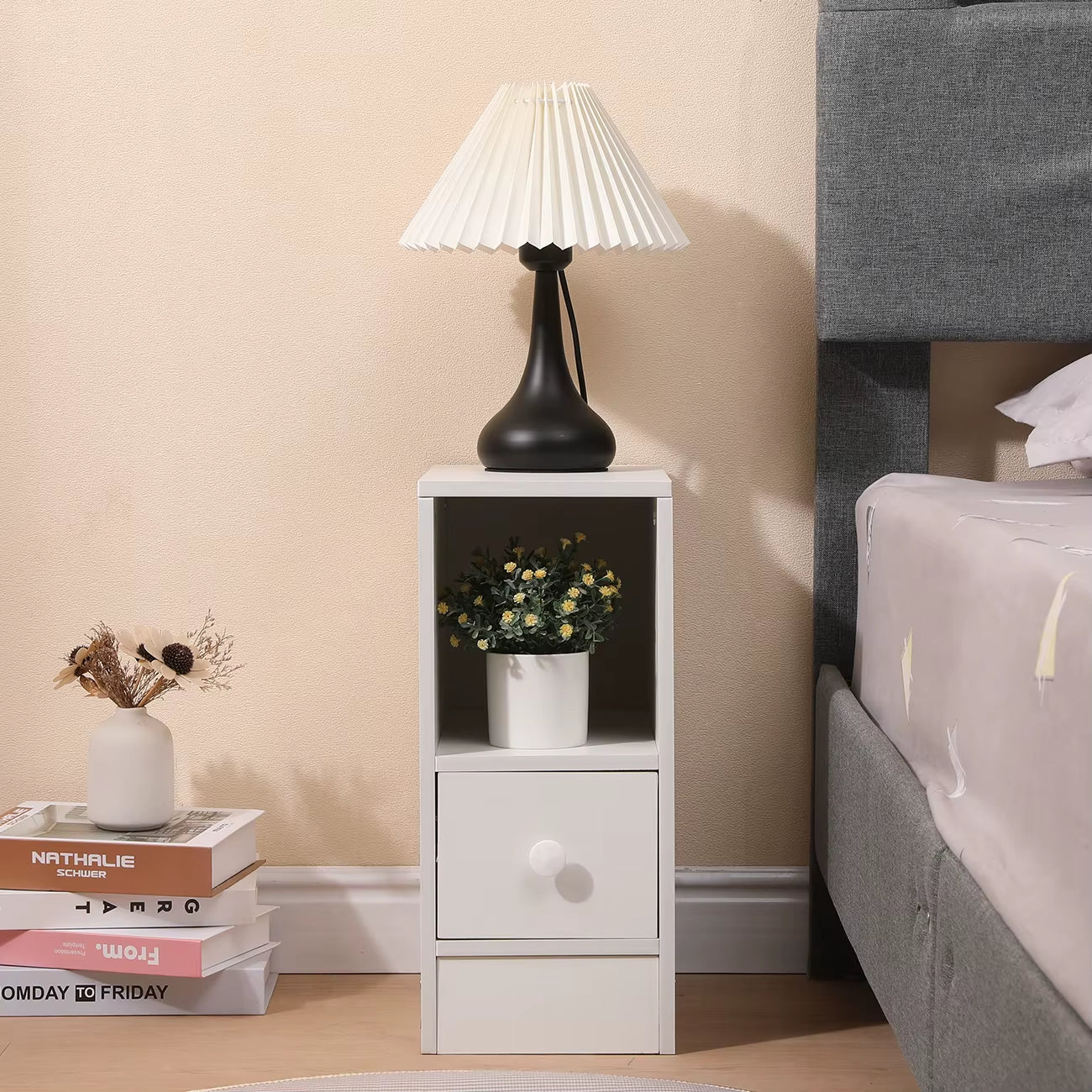Slim Tall Bedside Table Cabinet with Drawer & Storage Space for Bedroom, Narrow Sofa Side Table End Table