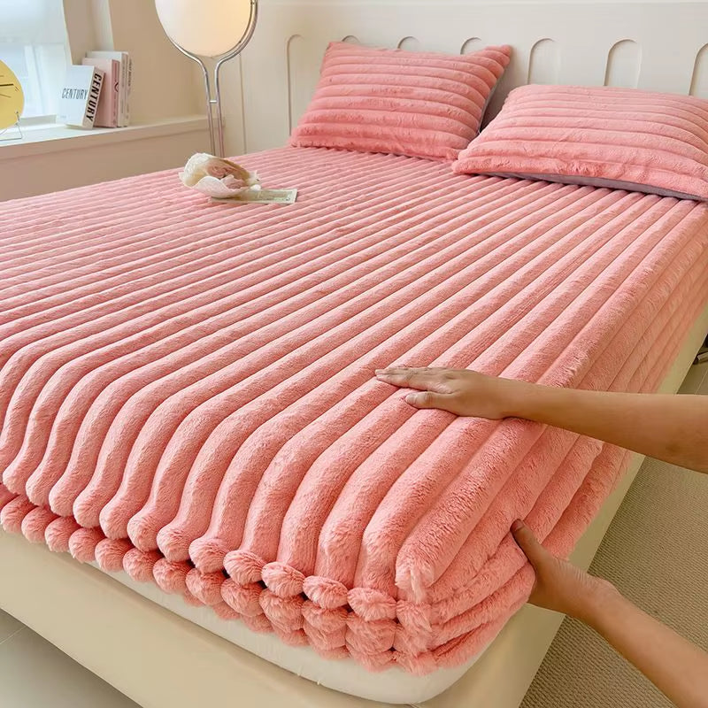 Fluffy Rabbit Plush Elastic Fitted Sheet Mattress Protector Cover Warm Winter Coral Fleece Luxury Double Bed Bedsheet 150