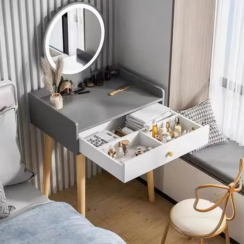 50/60/70Cm Vanity Desk with Touch Screen Lighted Mirror with Drawer Makeup Vanity Table Set Bedroom Dressing Table Storage Shelf