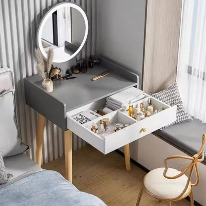 50/60/70Cm Vanity Desk with Touch Screen Lighted Mirror with Drawer Makeup Vanity Table Set Bedroom Dressing Table Storage Shelf