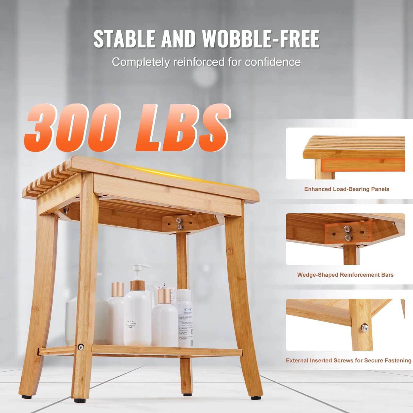 Bamboo Shower Bench 19.1X11.3X18.3 in Waterproof Shower Stool Chair with Storage Shelf 330Lbs Load Capacity Spa Seat
