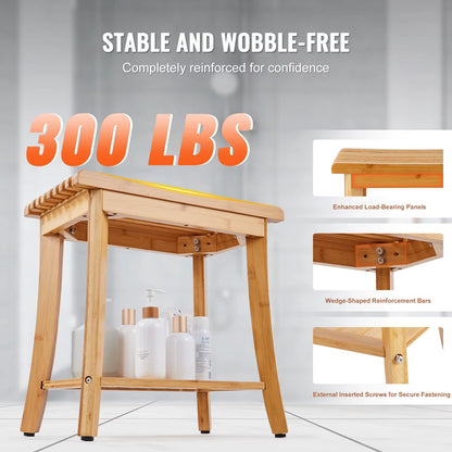 Bamboo Shower Bench 19.1X11.3X18.3 in Waterproof Shower Stool Chair with Storage Shelf 330Lbs Load Capacity Spa Seat