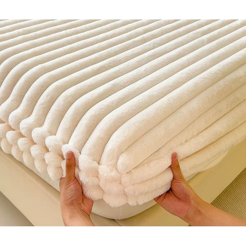 Fluffy Rabbit Plush Elastic Fitted Sheet Mattress Protector Cover Warm Winter Coral Fleece Luxury Double Bed Bedsheet 150