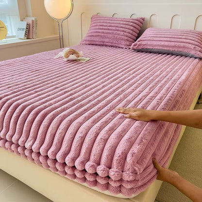 Fluffy Rabbit Plush Elastic Fitted Sheet Mattress Protector Cover Warm Winter Coral Fleece Luxury Double Bed Bedsheet 150