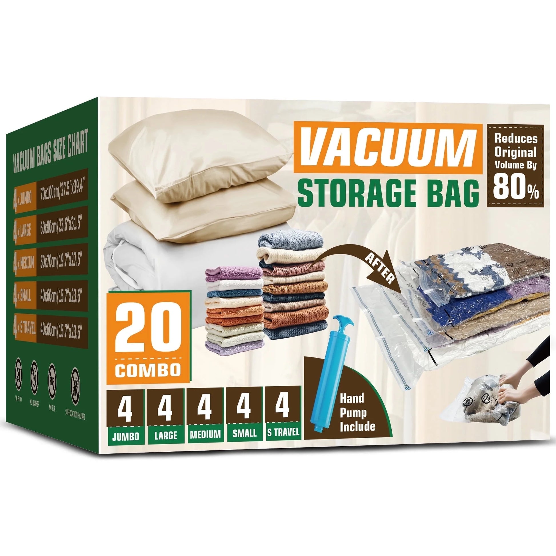 Transparent Storage Bags 20 Pack with Hand Pump - Space Saving Organizer