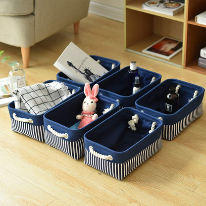 Canvas Storage Baskets [6-Pack] Small Fabric Storage Bins Toy Storage Baskets Empty Gift Baskets Shelf Baskets Decorative Basket with Rope Handles for Home Office(Navy Blue, 12 X 8 X 5 Inch)