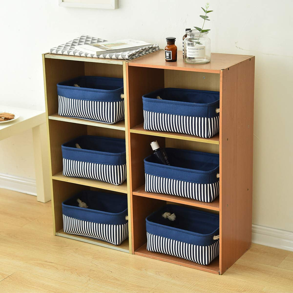 Canvas Storage Baskets [6-Pack] Small Fabric Storage Bins Toy Storage Baskets Empty Gift Baskets Shelf Baskets Decorative Basket with Rope Handles for Home Office(Navy Blue, 12 X 8 X 5 Inch)