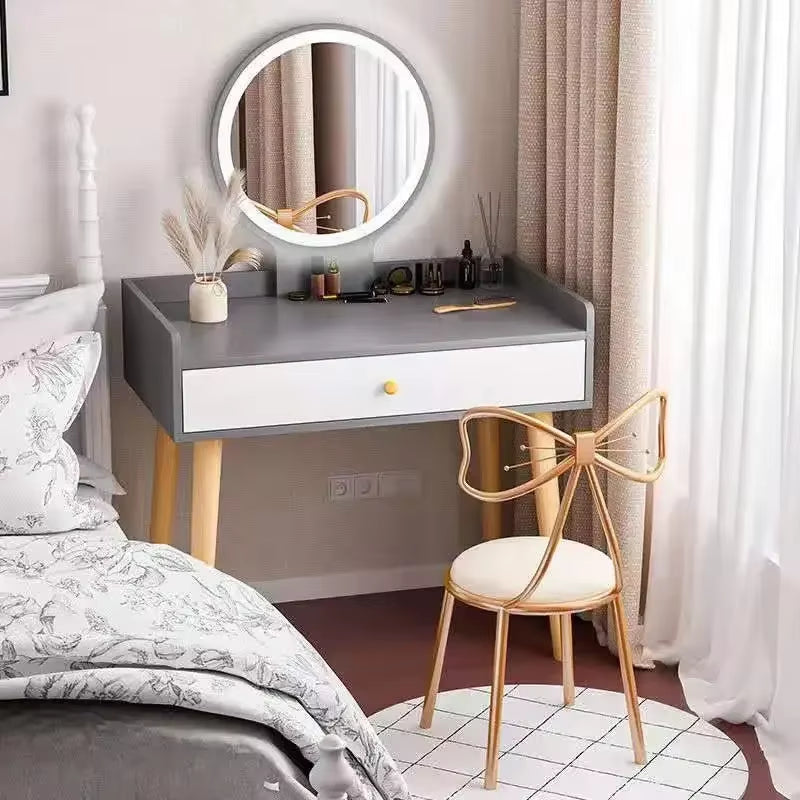 50/60/70Cm Vanity Desk with Touch Screen Lighted Mirror with Drawer Makeup Vanity Table Set Bedroom Dressing Table Storage Shelf