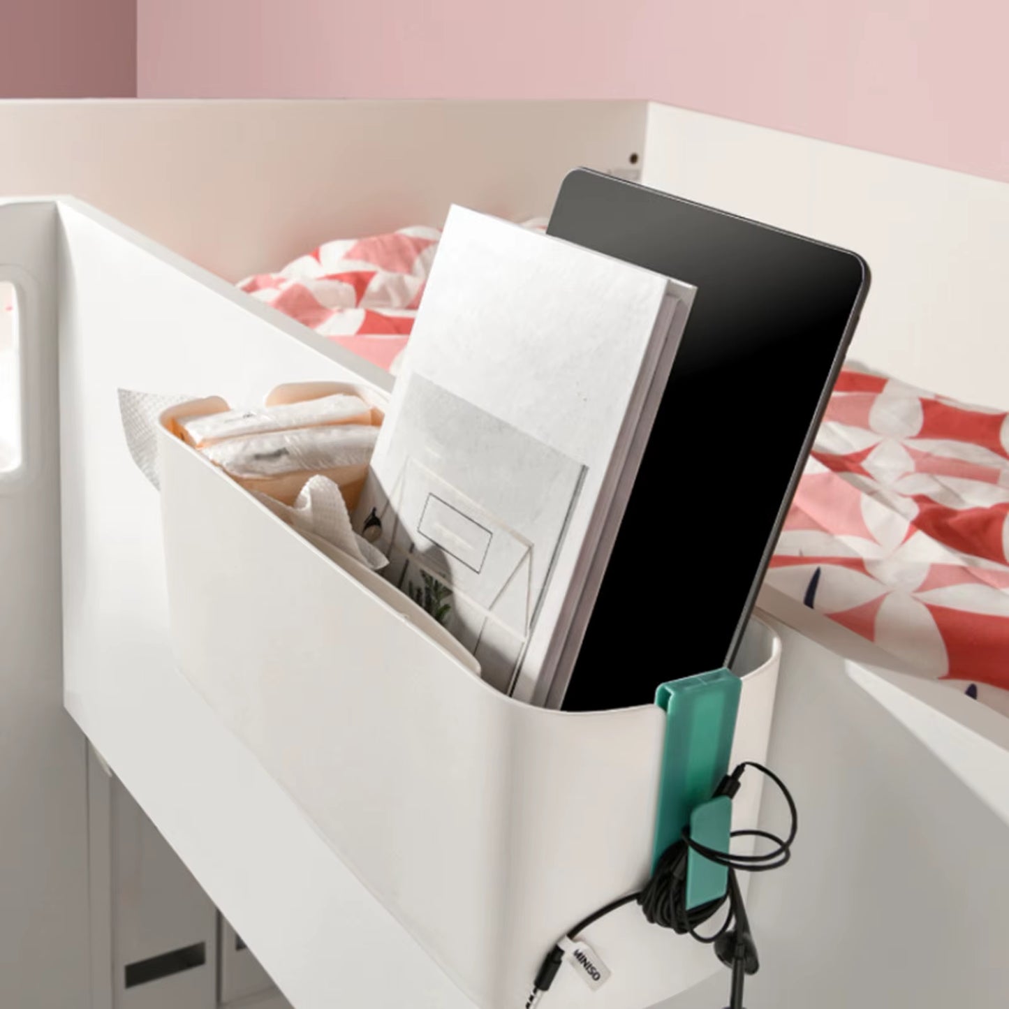 Bedside Storage Caddy Magazine Holder with Double Hook Bed Hanging Bag Organizer Box for Phone Crib Bed Rail Headboards Book