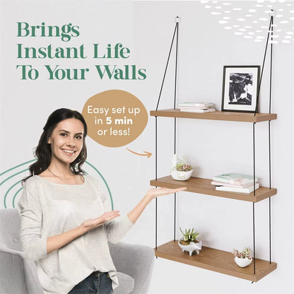 Hanging Shelves - 3 Tier Wall Shelf - Cute Boho Room Decor for Bedroom, Bathroom, Living Room - Floating Wood Small Bookshelves