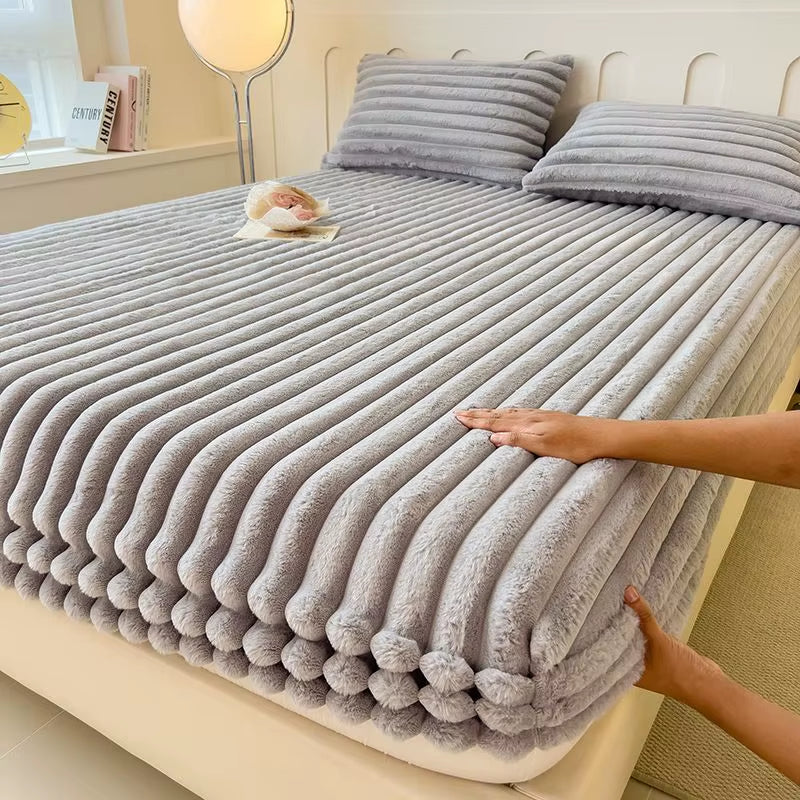 Fluffy Rabbit Plush Elastic Fitted Sheet Mattress Protector Cover Warm Winter Coral Fleece Luxury Double Bed Bedsheet 150