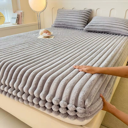 Fluffy Rabbit Plush Elastic Fitted Sheet Mattress Protector Cover Warm Winter Coral Fleece Luxury Double Bed Bedsheet 150