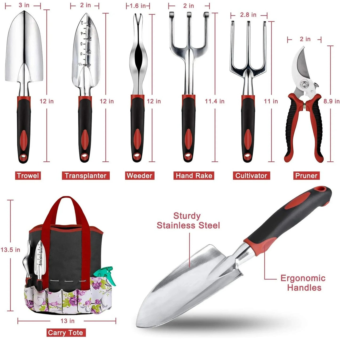 Gardening Tools Set, Aluminum Garden Tools for Gardening,Non-Slip Ergonomic Handle Tools,Storage Tote Bag,Gifts Hand Tools Set for Women(Red)