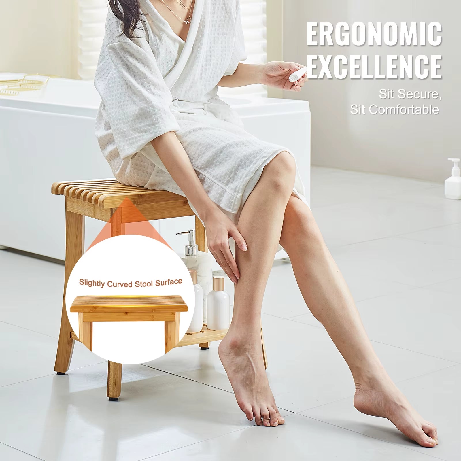 Bamboo Shower Bench 19.1X11.3X18.3 in Waterproof Shower Stool Chair with Storage Shelf 330Lbs Load Capacity Spa Seat