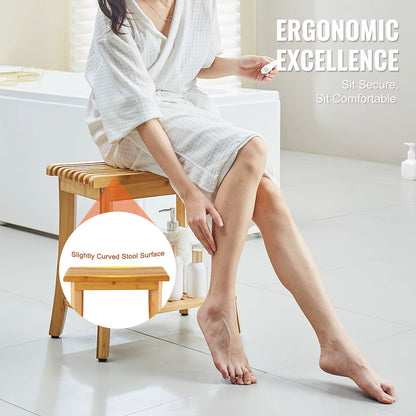 Bamboo Shower Bench 19.1X11.3X18.3 in Waterproof Shower Stool Chair with Storage Shelf 330Lbs Load Capacity Spa Seat
