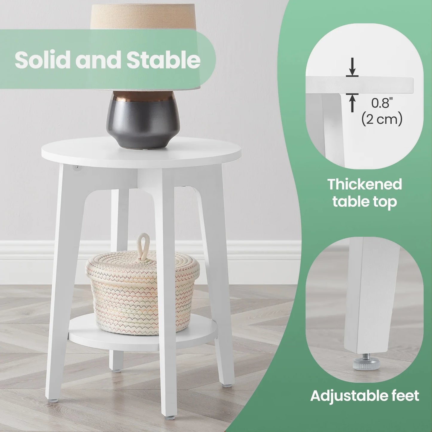 round Modern End Table, 2-Tier Side Table for Living Room, Bedroom, Nightstand, White