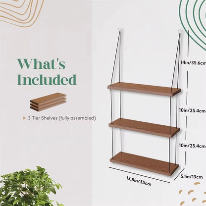 Hanging Shelves - 3 Tier Wall Shelf - Cute Boho Room Decor for Bedroom, Bathroom, Living Room - Floating Wood Small Bookshelves