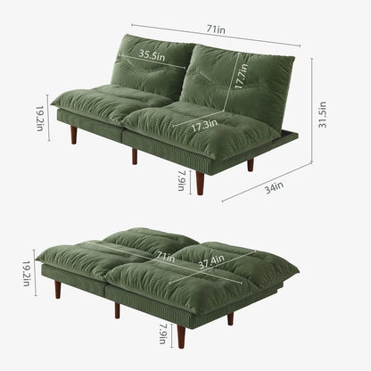 71" Corduroy Futon Convertible Sofa Bed, Loveseat Sleeper Sofa Couch for Living Room Apartment Green