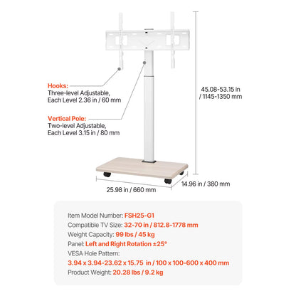 Rolling TV Stand Mobile TV Cart Suit for Various Sizes TV Portable TV Stand with Wheels for Living Room Bedroom Office