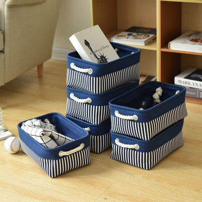 Canvas Storage Baskets [6-Pack] Small Fabric Storage Bins Toy Storage Baskets Empty Gift Baskets Shelf Baskets Decorative Basket with Rope Handles for Home Office(Navy Blue, 12 X 8 X 5 Inch)