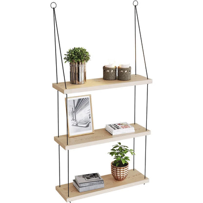 Hanging Shelves - 3 Tier Wall Shelf - Cute Boho Room Decor for Bedroom, Bathroom, Living Room - Floating Wood Small Bookshelves
