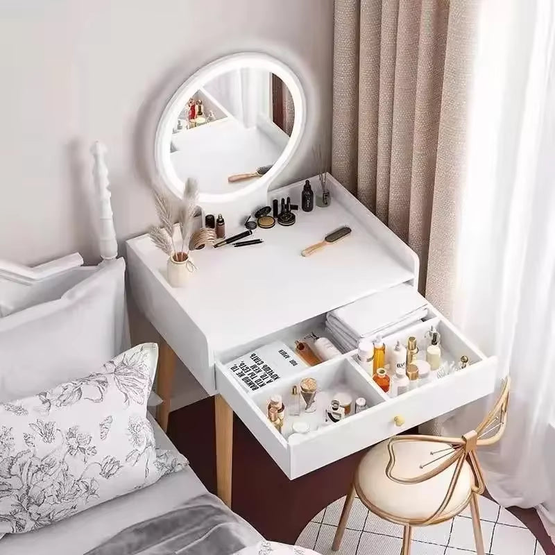 50/60/70Cm Vanity Desk with Touch Screen Lighted Mirror with Drawer Makeup Vanity Table Set Bedroom Dressing Table Storage Shelf